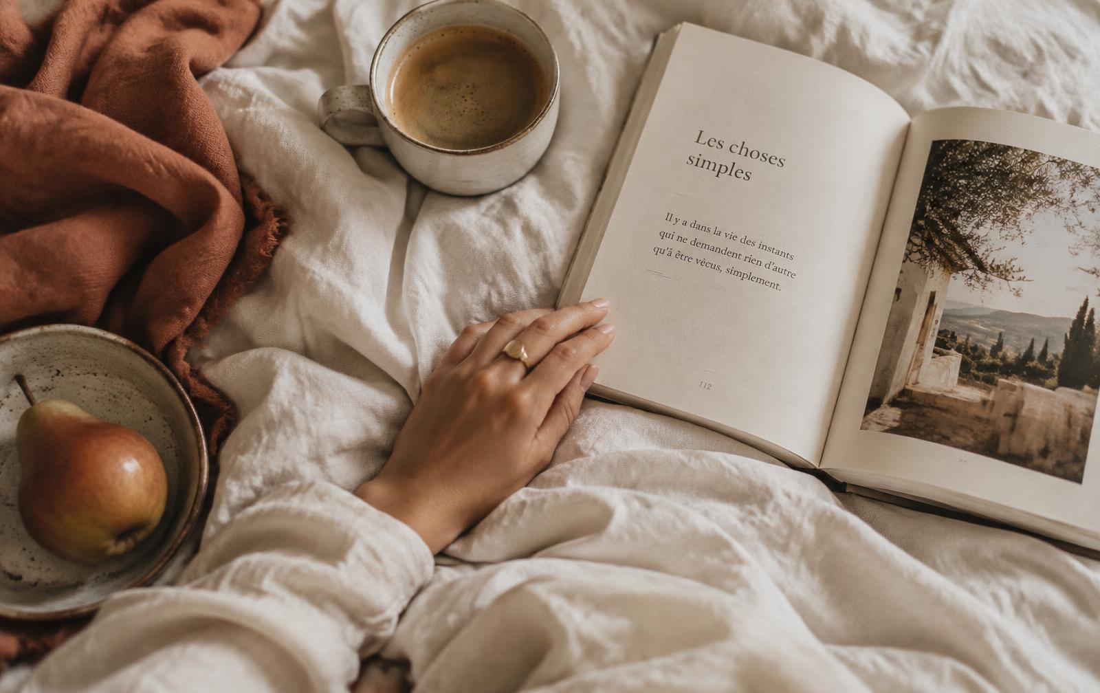 Un livre ouvert, un café et des draps froissés en fin de matinée